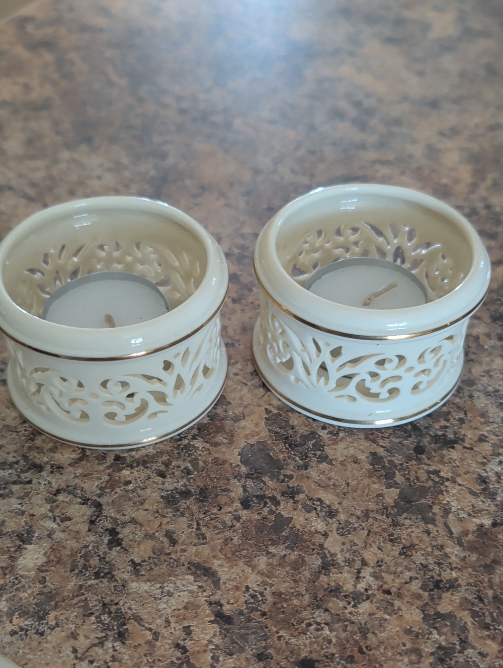 Elegant Cream Ceramic Tealight Holders with Gold Trim - Pair